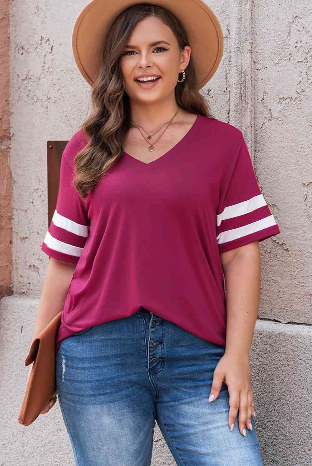 Plus Size Striped V-Neck Tee Shirt Trandify deal