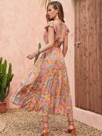 Ruffled Printed V-Neck Cap Sleeve Tiered Dress Trandify deal