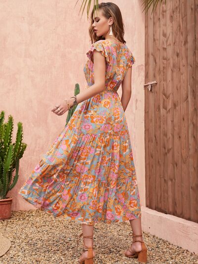 Ruffled Printed V-Neck Cap Sleeve Tiered Dress Trandify deal
