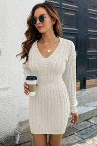 Cable-Knit V-Neck Long Sleeve Mini Sweater Dress Trandify deal