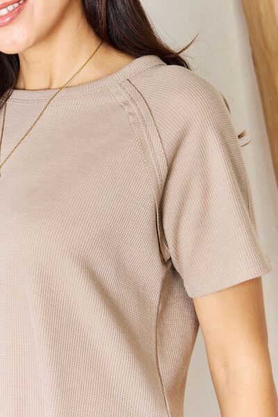 Zenana Baby Waffle Short Sleeve Slit High-Low T-Shirt Trandify deal