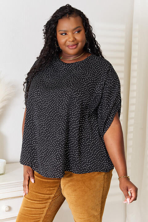 Double Take Printed Dolman Sleeve Round Neck Blouse Trandify deal