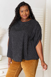 Double Take Printed Dolman Sleeve Round Neck Blouse Trandify deal