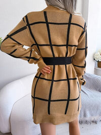Plaid Round Neck Dropped Shoulder Sweater Dress Trandify deal