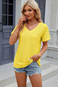 Eyelet V-Neck Short Sleeve T-Shirt Trandify deal