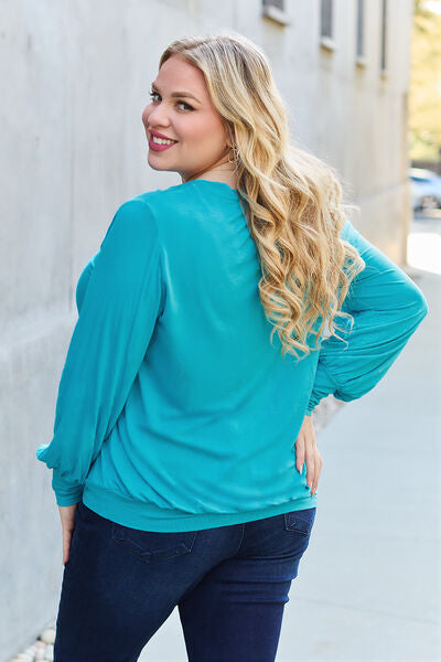 Basic Bae Full Size V-Neck Lantern Sleeve Blouse Trandify deal