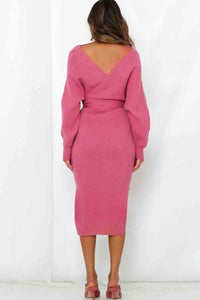 Surplice Neck Bow Waist Slit Sweater Dress Trandify deal