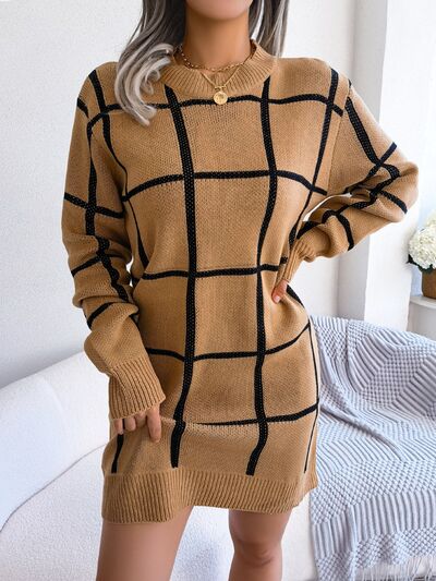 Plaid Round Neck Dropped Shoulder Sweater Dress Trandify deal