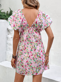 Perfee Printed V-Neck Puff Sleeve Mini Dress Trandify deal