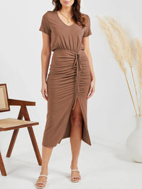 Ruched Slit V-Neck Short Sleeve Dress Trandify deal
