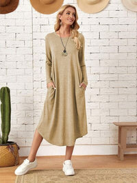 Pocketed Round Neck Long Sleeve Tee Dress Trandify deal