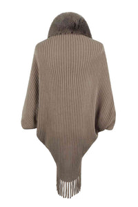 Fringe Detail Long Sleeve Ribbed Poncho Trandify deal