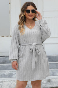 Plus Size Ribbed Tie Front Long Sleeve Sweater Dress Trandify deal