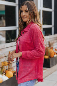 Waffle-Knit Collared Neck Dropped Shoulder Shirt Trandify deal
