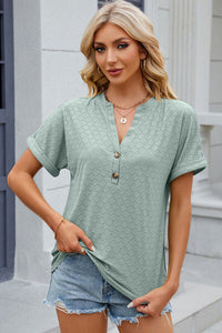 Eyelet Notched Short Sleeve T-Shirt Trandify deal