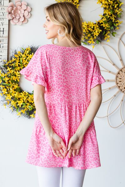 Heimish Full Size Leopard Ruffle Trim Short Sleeve Top Trandify deal