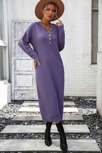 Notched Neck Dropped Shoulder Button-Down Midi Dress Trandify deal
