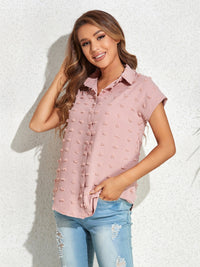 Swiss Dot Button Up Cap Sleeve Shirt Trandify deal