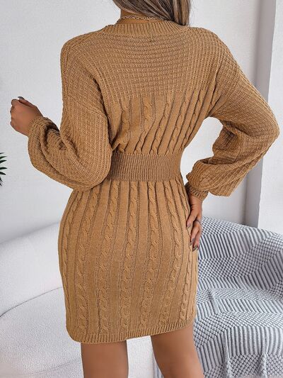 Cable-Knit Cutout Round Neck Slit Sweater dress Trandify deal