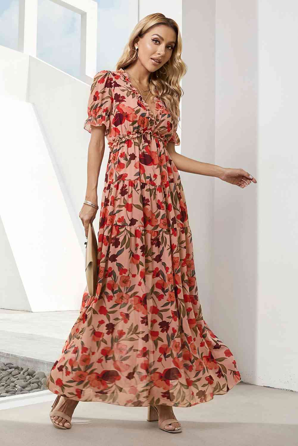 Floral V-Neck Short Flounce Sleeve Dress Trandify deal