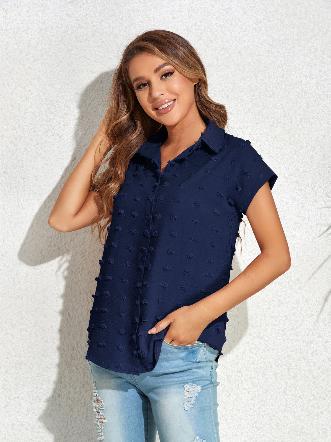 Swiss Dot Button Up Cap Sleeve Shirt Trandify deal
