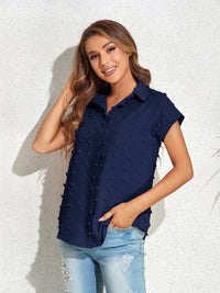 Swiss Dot Button Up Cap Sleeve Shirt Trandify deal