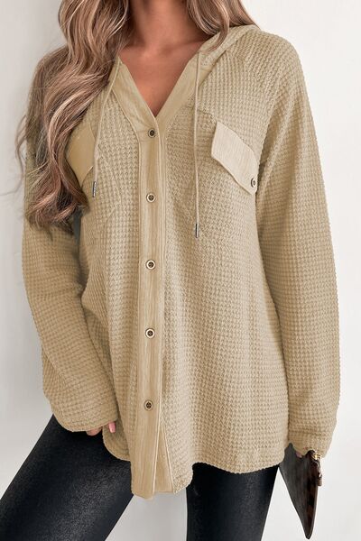 Waffle-Knit Button Up Drawstring Hoodie Trandify deal