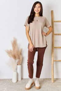 Zenana Baby Waffle Short Sleeve Slit High-Low T-Shirt Trandify deal