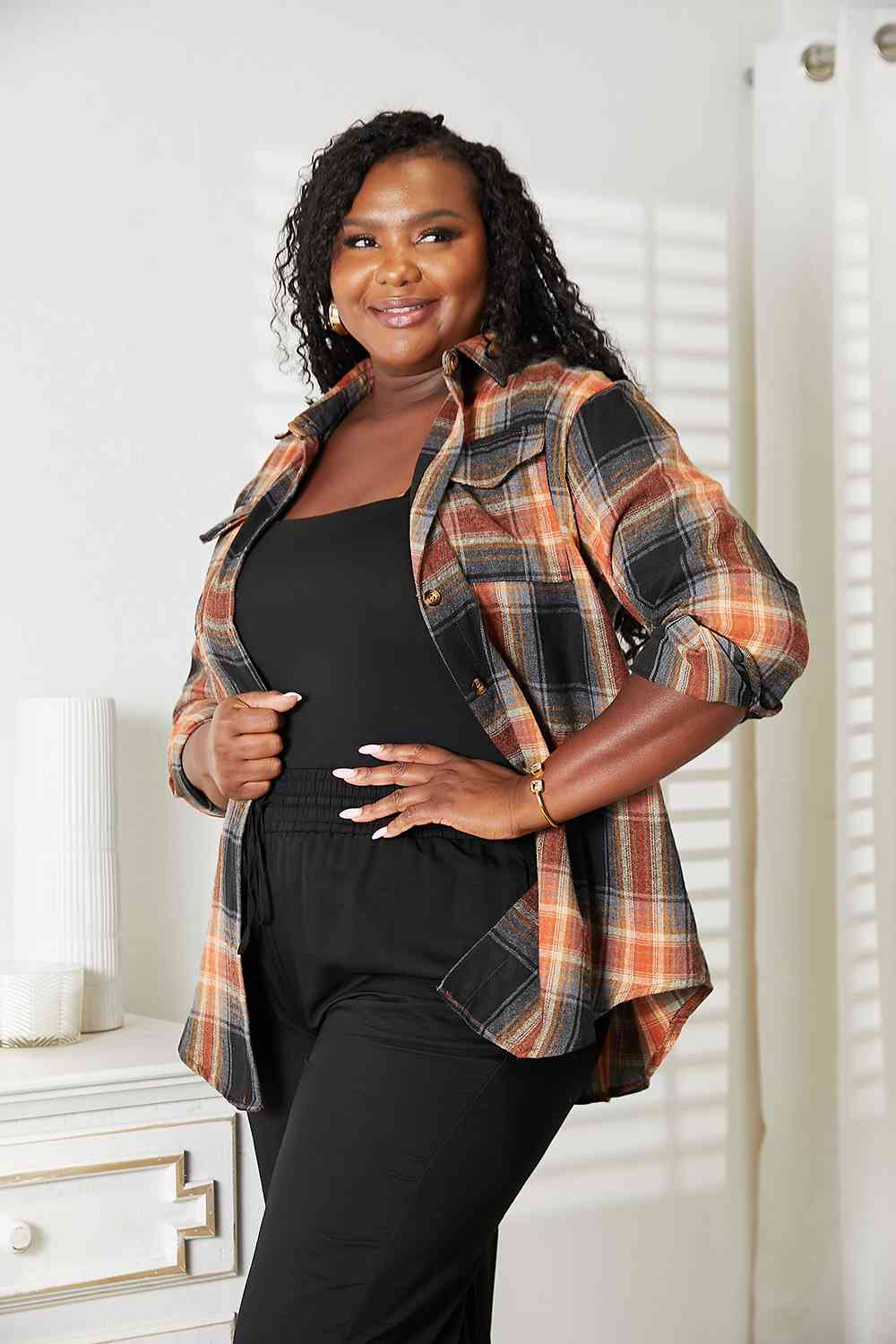Double Take Plaid Dropped Shoulder Shirt Trandify deal