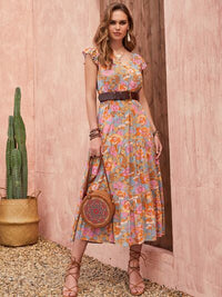 Ruffled Printed V-Neck Cap Sleeve Tiered Dress Trandify deal