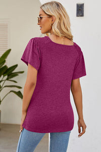 Smocked Round Neck Flutter Sleeve T-Shirt Trandify deal