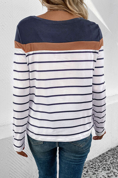 Perfee Striped Round Neck Long Sleeve T-Shirt Trandify deal