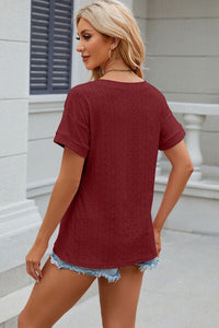 Eyelet V-Neck Short Sleeve T-Shirt Trandify deal