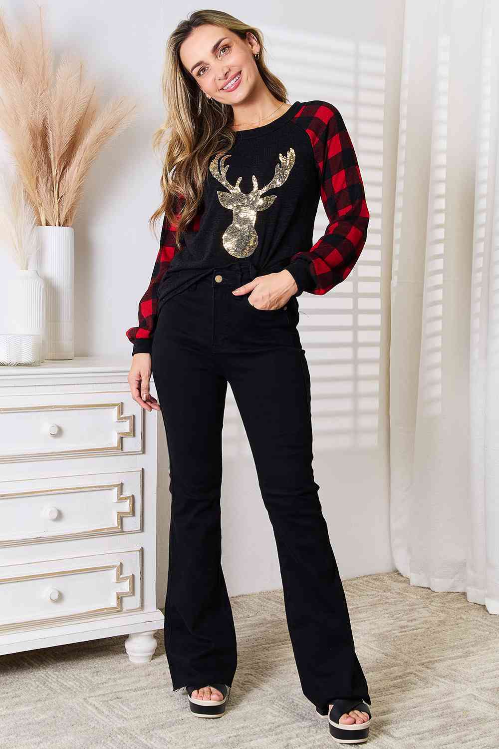 Heimish Full Size Sequin Reindeer Graphic Plaid Top Trandify deal