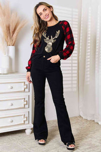 Heimish Full Size Sequin Reindeer Graphic Plaid Top Trandify deal