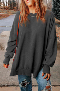Dropped Shoulder Round Neck Long Sleeve Blouse Trandify deal