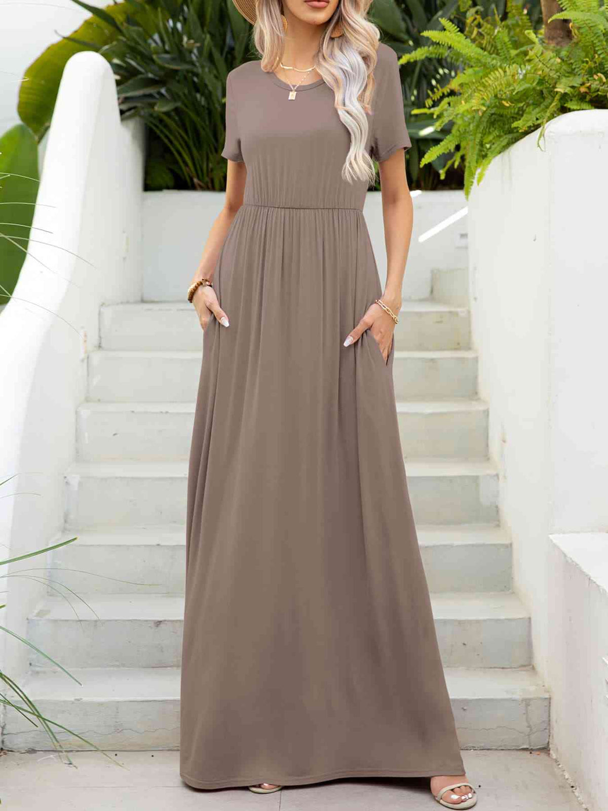 Round Neck Short Sleeve Maxi Dress with Pockets Trandify deal