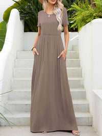 Round Neck Short Sleeve Maxi Dress with Pockets Trandify deal