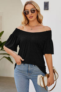 Smocked Round Neck Flutter Sleeve T-Shirt Trandify deal