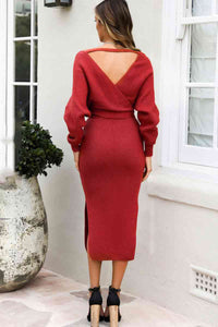 Surplice Neck Bow Waist Slit Sweater Dress Trandify deal