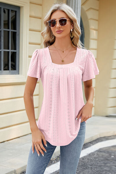 Eyelet Square Neck Short Sleeve T-Shirt Trandify deal