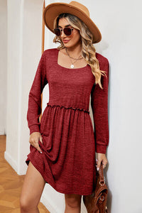 Frill Square Neck Long Sleeve Dress Trandify deal
