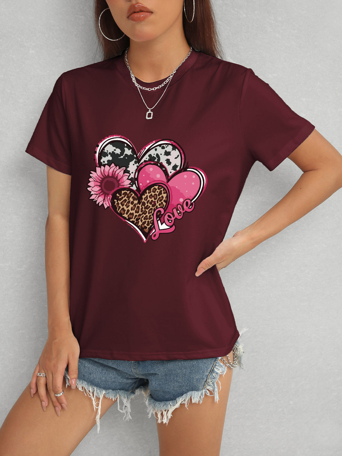 Heart Round Neck Short Sleeve T-Shirt Trandify deal