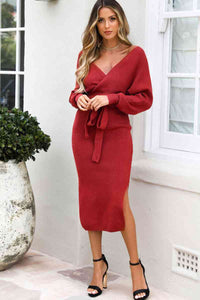 Surplice Neck Bow Waist Slit Sweater Dress Trandify deal