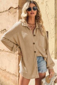 Waffle-Knit Collared Neck Dropped Shoulder Shirt Trandify deal