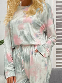 Tie-Dye Round Neck Top and Drawstring Pants Lounge Set Trandify deal