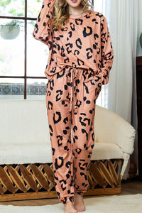 Leopard Round Neck Top and Drawstring Pants Lounge Set Trandify deal