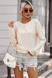 Checkered Round Neck Long Sleeve T-Shirt Trandify deal