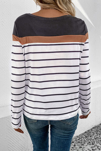 Perfee Striped Round Neck Long Sleeve T-Shirt Trandify deal
