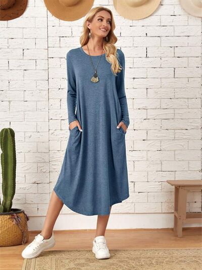 Pocketed Round Neck Long Sleeve Tee Dress Trandify deal